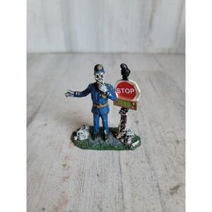 Lemax skeleton police guard stop sign Halloween village accessory spooky town